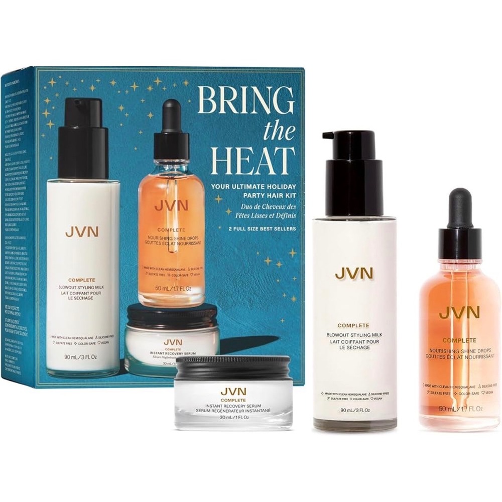 JVN Bring the Heat Holiday Party Hair Kit Styling Milk Shine Drops Serum Set